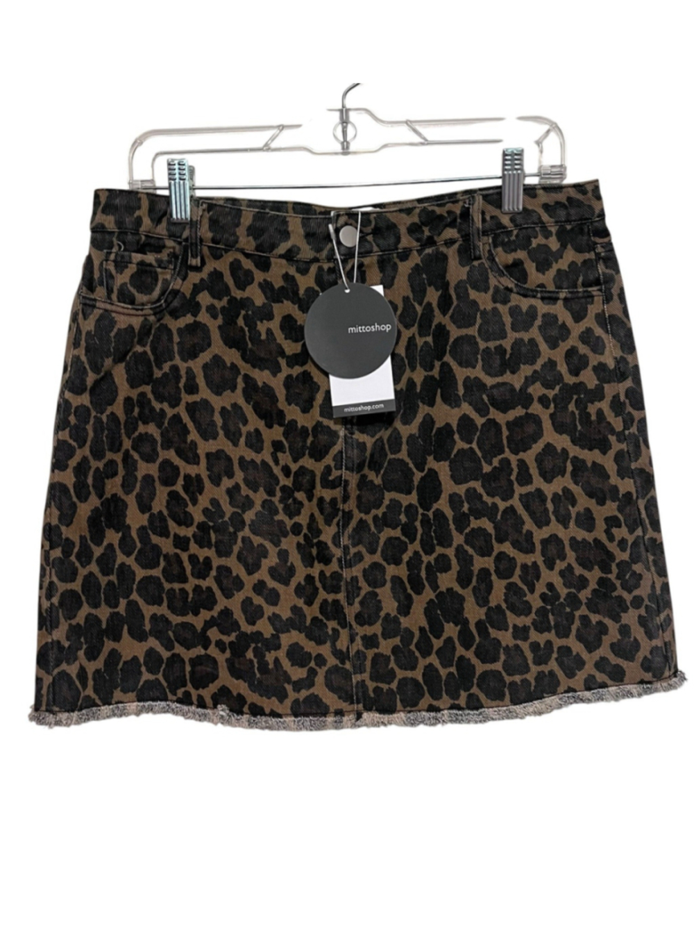 NWT Misto Shop Boutique Leopard Denim Mini Skirt Women’s Large Black Brown